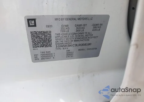 2020 Chevrolet Tahoe 4Wd Lt z USA, uszkodzony, nr VIN 1GNSKBKC3LR308180